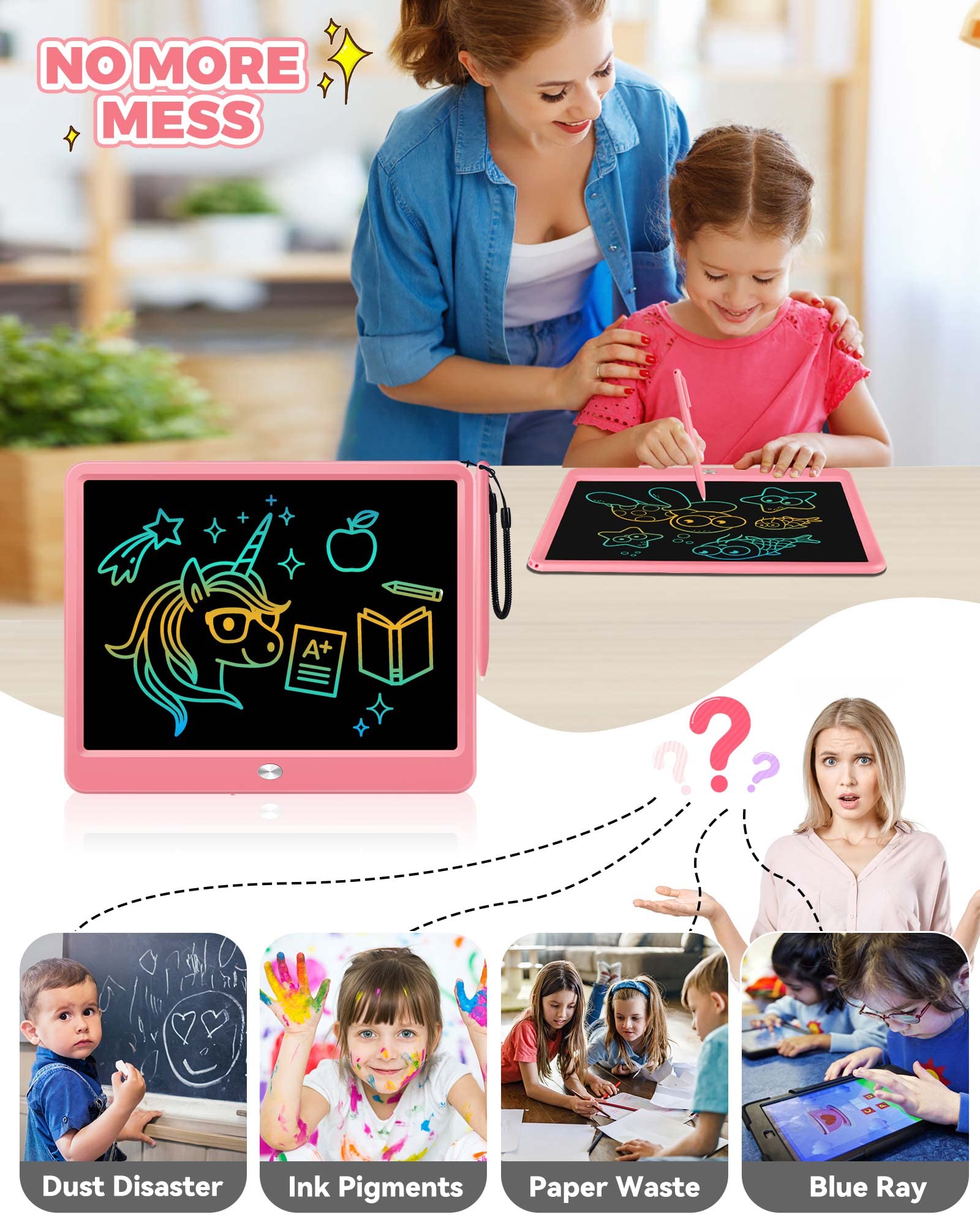 KOKODI 12 Inch LCD Writing Tablet with Anti-Lost Stylus, Erasable Doodle Board Colorful Toddler Drawing Pad, Car Travel School Games Toys for 3 4 5 6 7 8 Kids, Birthday Gift for Girls Boys Adults Pink