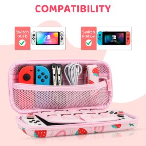 FANPL Carrying Case for Nintendo Switch and Switch OLED Accessories, Pink Strawberry Travel Case Bundle with Adjustable Shoulder Strap, Thumb Grips, Hard Switch Protective Case Cover Anti-scratch