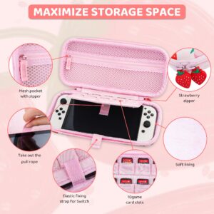 FUNDIARY Cute Strawberry Carrying Case for Nintendo Switch and Switch OLED, Cute Travel Accessories Bag for Switch and Switch OLED, Case with Adjustable Shoulder Strap and 2 Strawberry Thumb Caps