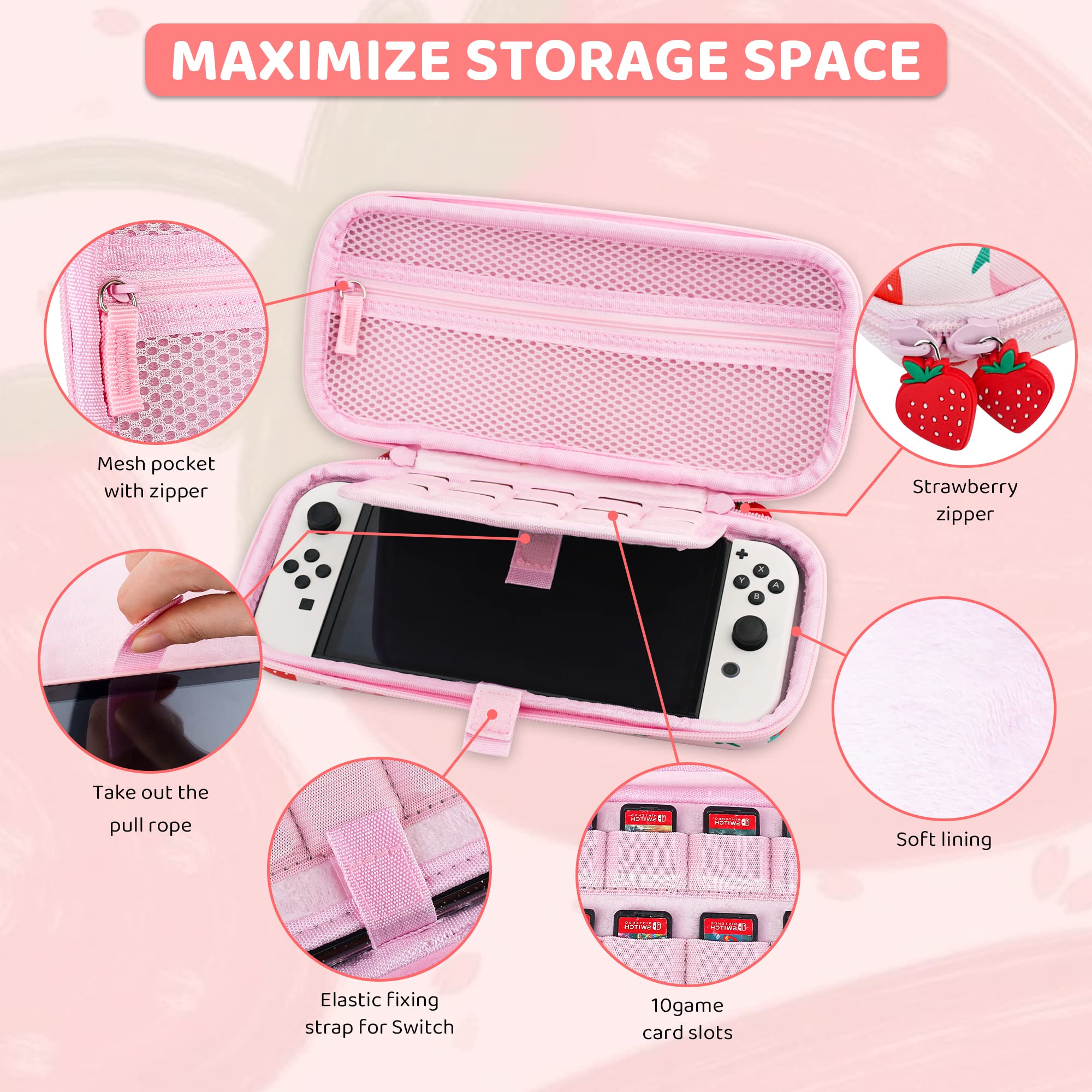 FUNDIARY Cute Strawberry Carrying Case for Nintendo Switch and Switch OLED, Cute Travel Accessories Bag for Switch and Switch OLED, Case with Adjustable Shoulder Strap and 2 Strawberry Thumb Caps