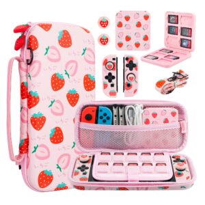 fanpl pink carrying case for nintendo switch and switch oled cover, strawberry travel case bundle with 2 joy con shells, 2 thumb grip caps, adjustable shoulder strap, portable switch accessories bag