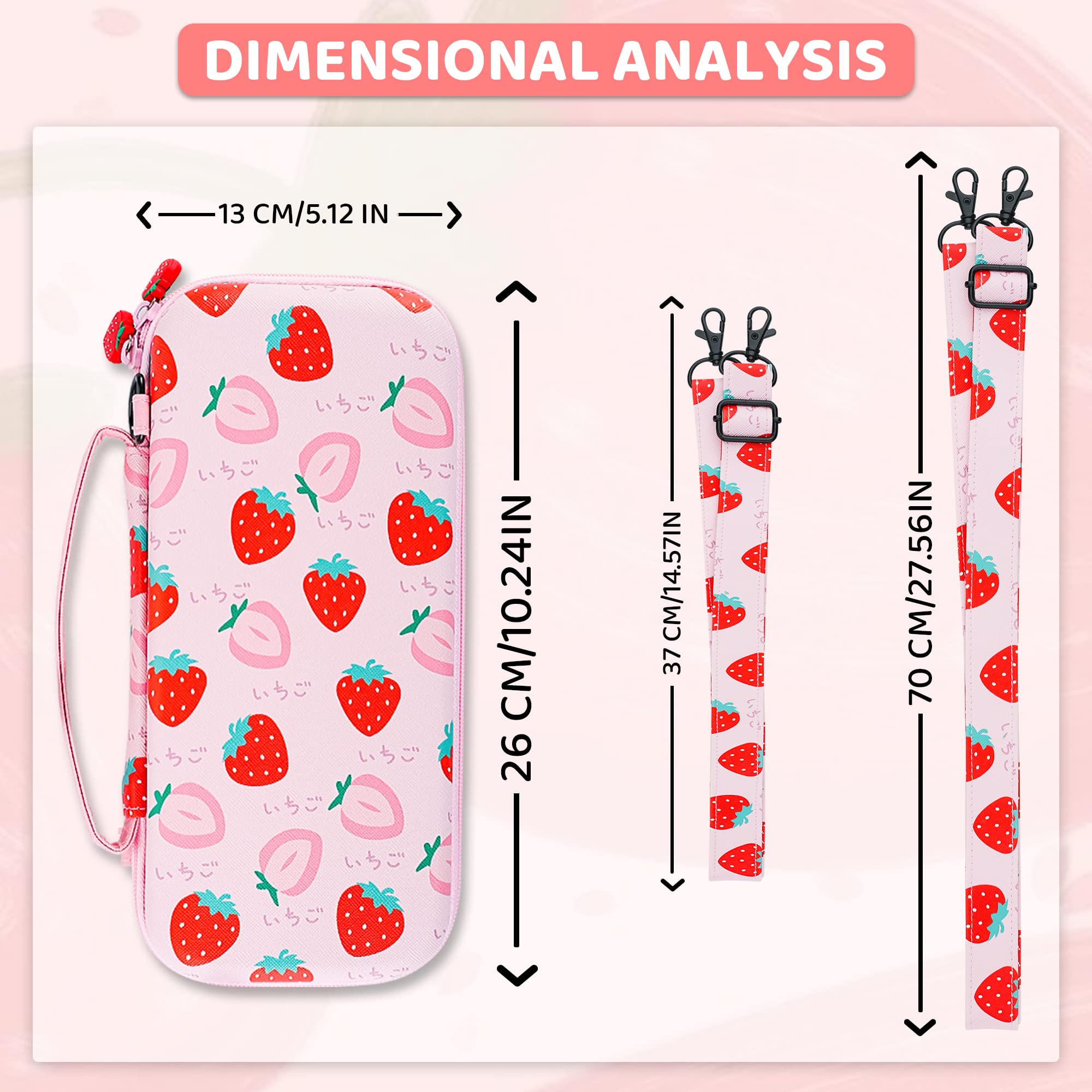 FUNDIARY Cute Strawberry Carrying Case for Nintendo Switch and Switch OLED, Cute Travel Accessories Bag for Switch and Switch OLED, Case with Adjustable Shoulder Strap and 2 Strawberry Thumb Caps