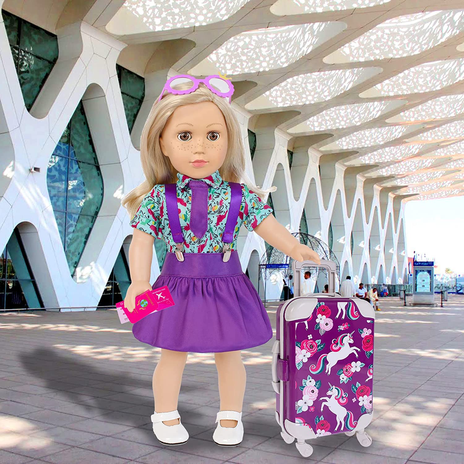 25pc 18 inch Girl Doll Clothes and Accessories Travel Case Luggage School Play Set with Pillow Camera Sunglasses for 18 inch Dolls Travel Storage for Girls (No Doll)