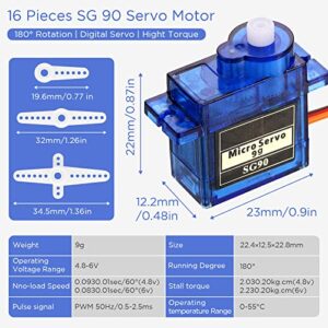 Hanaive 16 Pcs SG90 9g Micro Servo Motor Mini Servo Motors RC Servo Kit for Robot Helicopter Airplane Car Boat Control