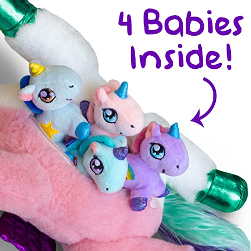 MindSprout Unicorn Mommy Stuffed with 4 Babies Inside her Tummy, for Girls 3 4 5 6 7 8 Years Old, Best Birthday Gifts, Animals Toy