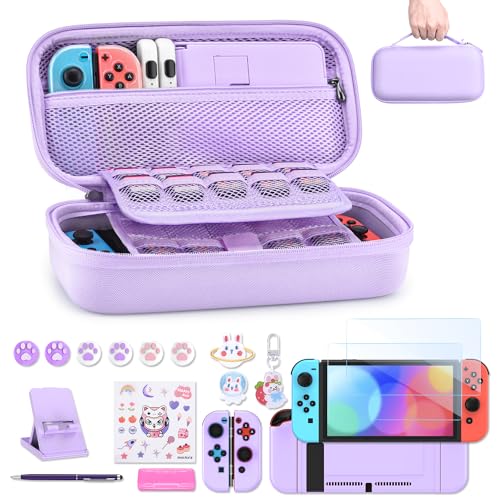 innoAura Switch Case for NS Switch 19 in 1 Switch Accessories Bundle with Switch Carrying Case, Switch Game Case, Switch Screen Protector, Switch Stand, Switch Thumb Grips (Purple)