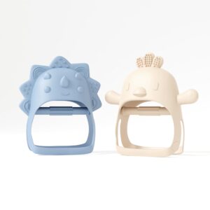 baby teether pack of 2 wearable teether toy hand teether - little chick and mini dino - blue baby toy and beige baby toys by muqee peeko silicone baby teether