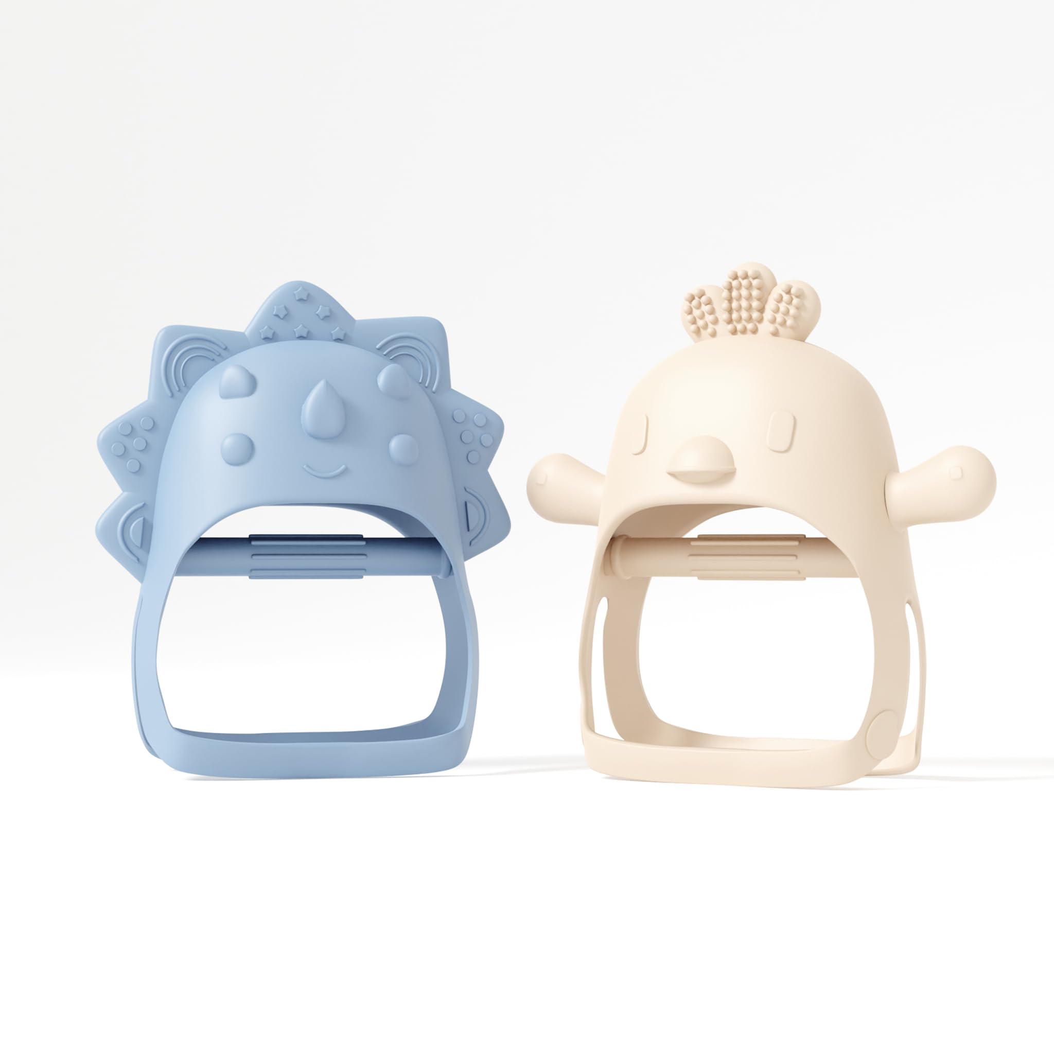 Baby Teether Pack of 2 Wearable Teether Toy Hand Teether - Little Chick and Mini Dino - Blue Baby Toy and Beige Baby Toys by Muqee Peeko Silicone Baby Teether