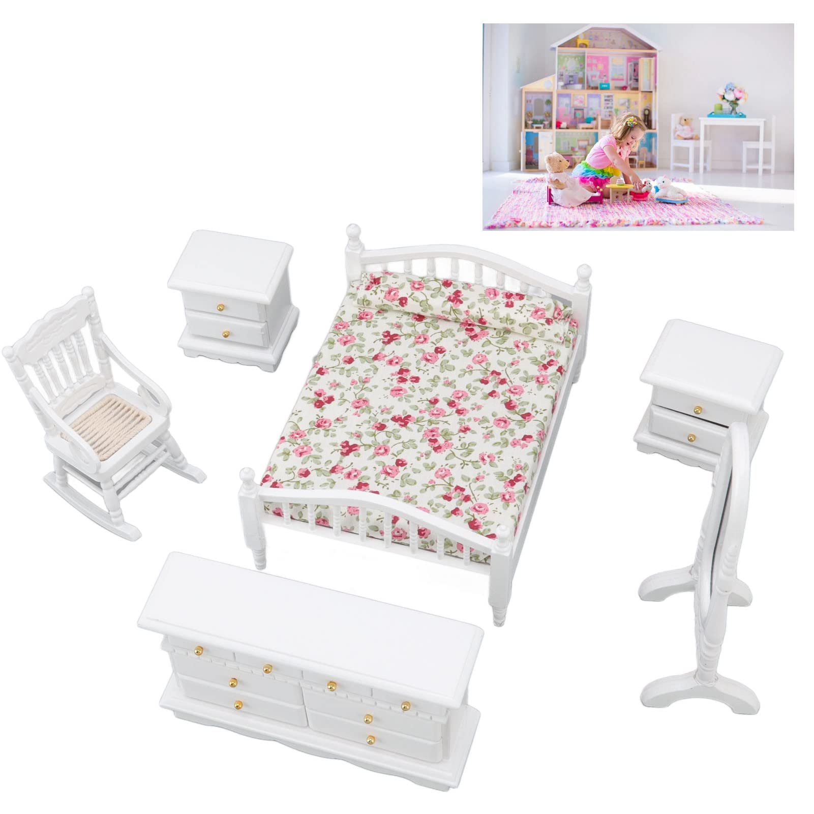 Dollhouse Furniture Set, 1:12 Scale 6pcs Set Exquisite Dollhouse Bedroom for Indoor for Kids