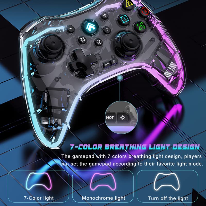 Joso Mobile Gaming Controller for iPhone/Android/PC/PS4 with RGB, Wireless Switch Controller with 6-Axis Gyro/Dual Vibration/Customized Buttons/Turbo, Transparent Mobile Gamepad with Phone Holder