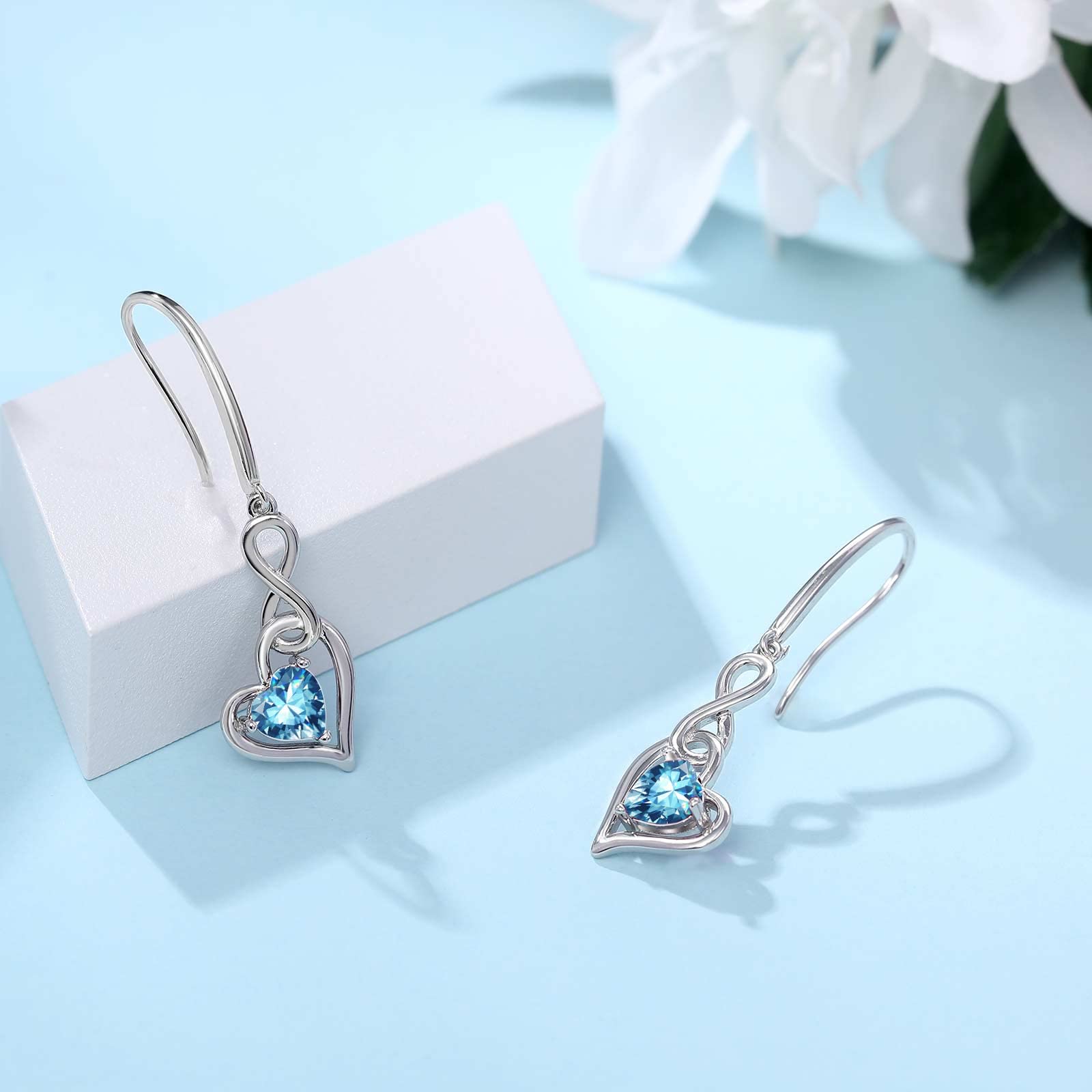 Aquamarine Birthstone Drop Earrings for Women - Shysnow March Infinity Dangle Earrings 925 Sterling Silver Heart Light Blue Cubic Zirconia Drop Piercing Crystal Dangling Earrings