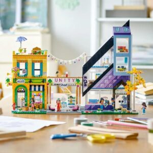 LEGO Friends Downtown Flower and Design Stores 41732 Building Set - Buildable Toy with Apartment, Shops, House, and Classic Characters, Model to Customize, Decorate, and Display for Ages 12+