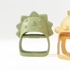 Teethers for Babies 6-12 Months Pack of 2 Wearable Weaning Pacifier Teether Toy - Little Chick Mini Dino Pacifier Silicone Toys for Babies - Yellow and Green by Muqee Peeko