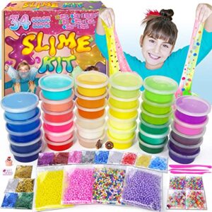 essenson 34 cups slime kit for girls boys, diy slime kit gifts for 6 7 8 9 10+ year old, butter slime, jumbo slime party favors gift, crystal slime making kit for girls 10-12