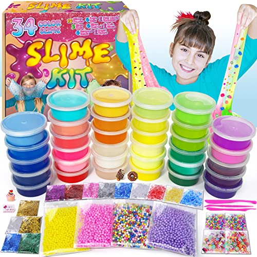 ESSENSON 34 Cups Slime Kit for Girls Boys, DIY Slime Kit Gifts for 6 7 8 9 10+ Year Old, Butter Slime, Jumbo Slime Party Favors Gift, Crystal Slime Making Kit for Girls 10-12