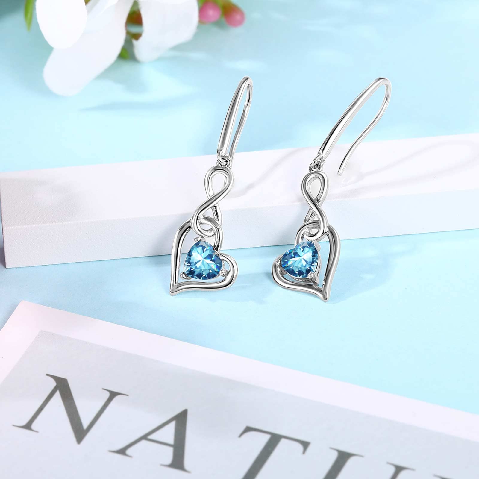 Aquamarine Birthstone Drop Earrings for Women - Shysnow March Infinity Dangle Earrings 925 Sterling Silver Heart Light Blue Cubic Zirconia Drop Piercing Crystal Dangling Earrings