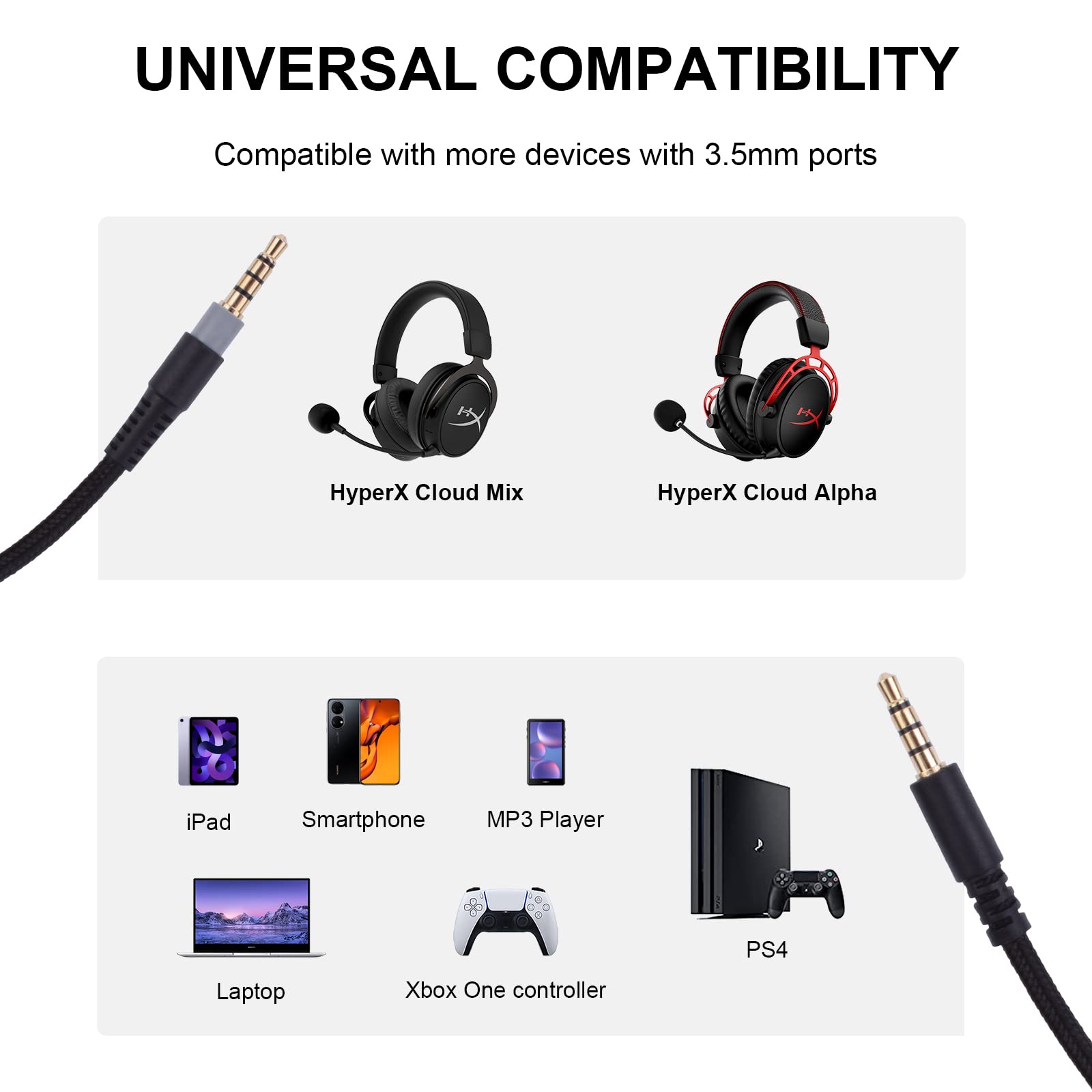 Sqrgreat Replacement Cable Compatible with Kingston Hyperx Cloud Mix Alpha Gaming Headset, Volume Control Inline Mute, Detachable/Removable 3.5mm Audio Aux Cord Wire(No Mic, 4.9Ft)