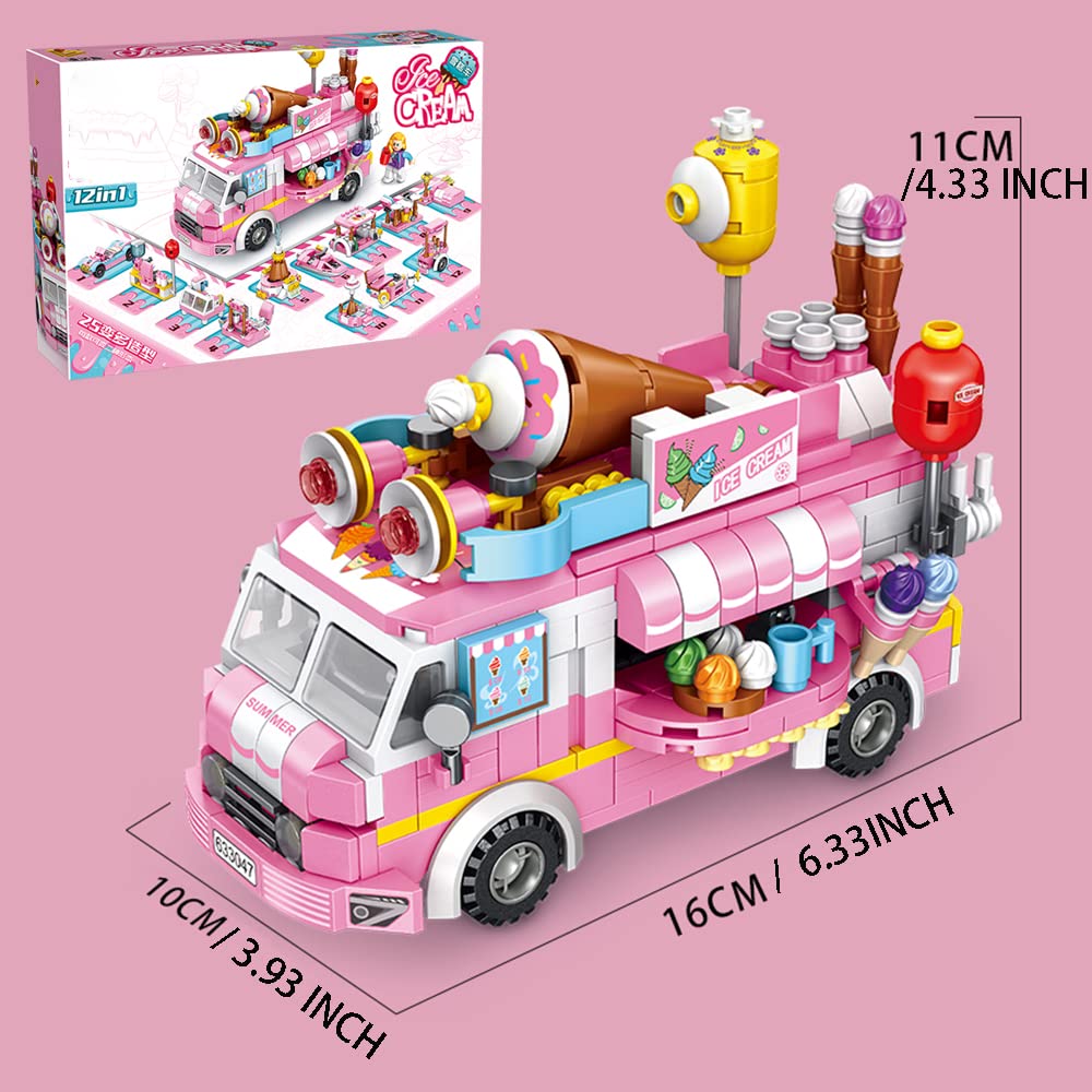 Ulanlan Girls Building Blocks Toys 553 Pieces Ice Cream Truck Set Toys for Girls 25 Models Pink Building Bricks Toys STEM Toys Construction Play Set for Kids Best Gifts for Girls Age 6-12 and Up