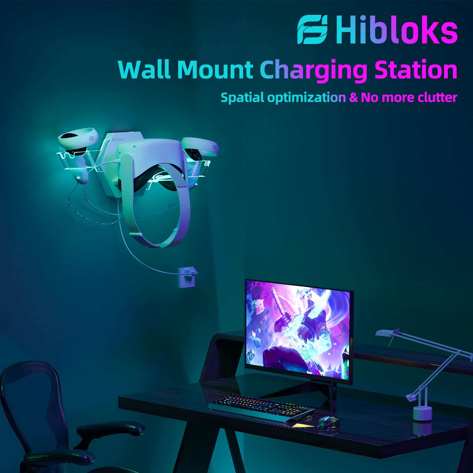 HiBloks RGB Wall Mount Charging Station for Meta/Oculus Quest 2 Accessories, Magnetic Controller & Headest Charger with 2 Rechergeable Batteries, Battery Cover and USB-C Charger Cable