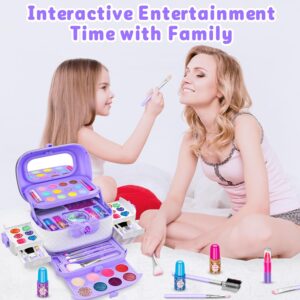 Hollyhi 58 Pcs Kids Makeup Kit for Girl, Princess Toys Real Washable Cosmetic Set with Mirror, Kids Makeup Sets for Girls, Play Make Up Birthday Gifts for 3 4 5 6 7 8 9 10 11 12 Years Old Kid(Purple)