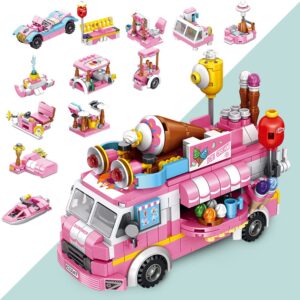 Ulanlan Girls Building Blocks Toys 553 Pieces Ice Cream Truck Set Toys for Girls 25 Models Pink Building Bricks Toys STEM Toys Construction Play Set for Kids Best Gifts for Girls Age 6-12 and Up