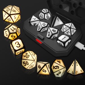 light up dnd dice, usb rechargeable electric dice with charging box, 7 pcs glowing polyhedral dice set, shake to led d&d dice set for dungeons and dragons rpg role playing table games