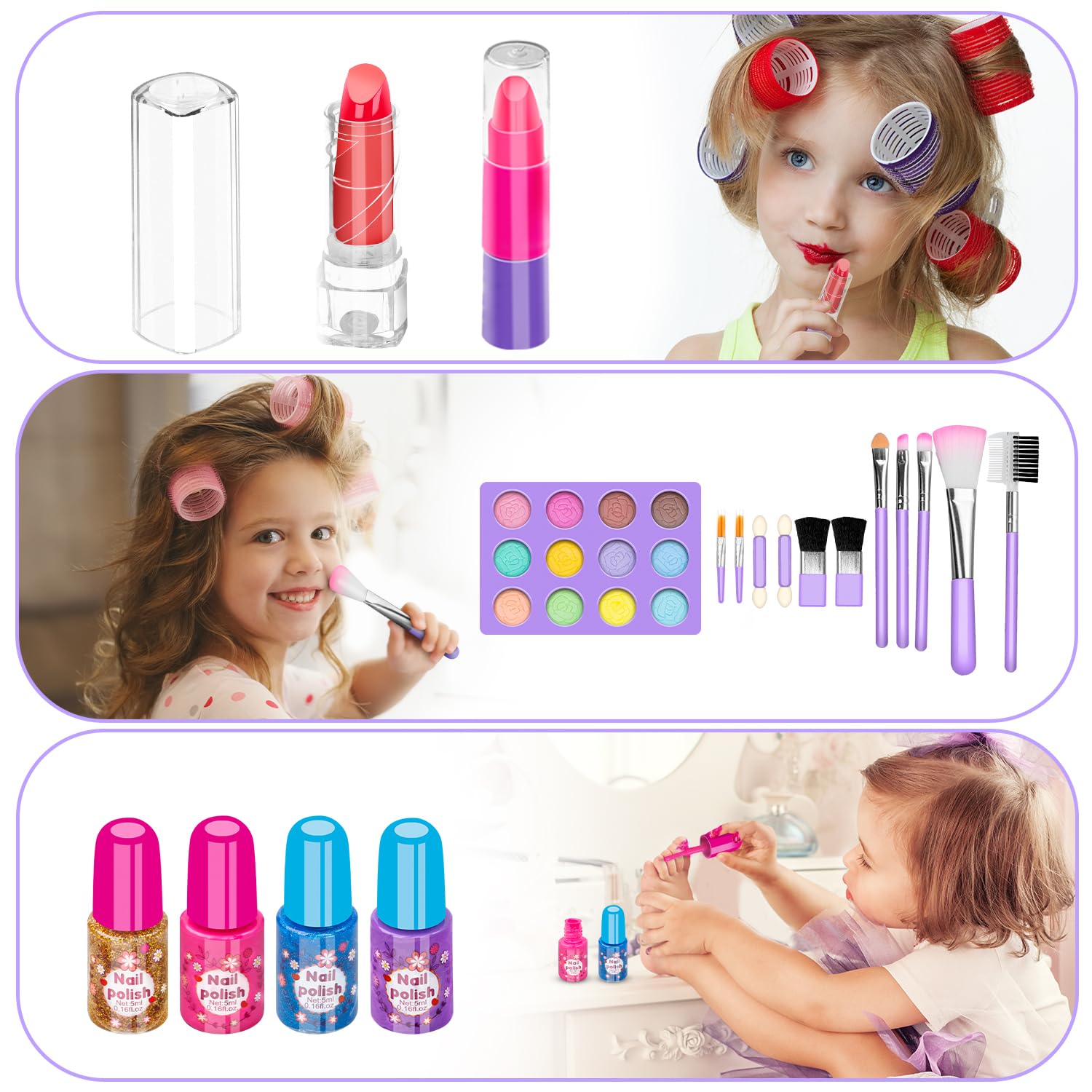 Hollyhi 58 Pcs Kids Makeup Kit for Girl, Princess Toys Real Washable Cosmetic Set with Mirror, Kids Makeup Sets for Girls, Play Make Up Birthday Gifts for 3 4 5 6 7 8 9 10 11 12 Years Old Kid(Purple)