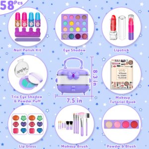 Hollyhi 58 Pcs Kids Makeup Kit for Girl, Princess Toys Real Washable Cosmetic Set with Mirror, Kids Makeup Sets for Girls, Play Make Up Birthday Gifts for 3 4 5 6 7 8 9 10 11 12 Years Old Kid(Purple)