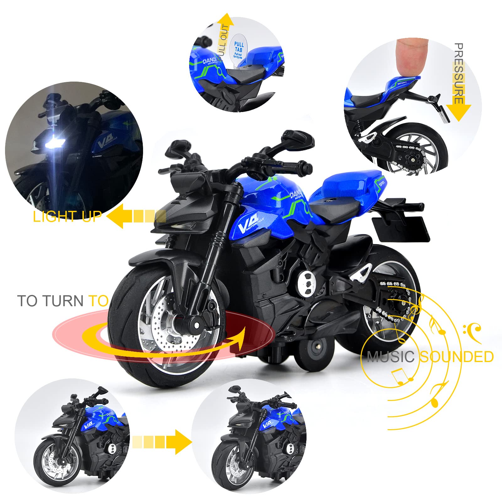 CYYSFIVQZ Pull Back Motorcycle Toys, Motorcycle Model with Light and Music, Toy Motorcycles for Boys Kids Age 3+ Year Old Christmas Party Supplies (Blue)