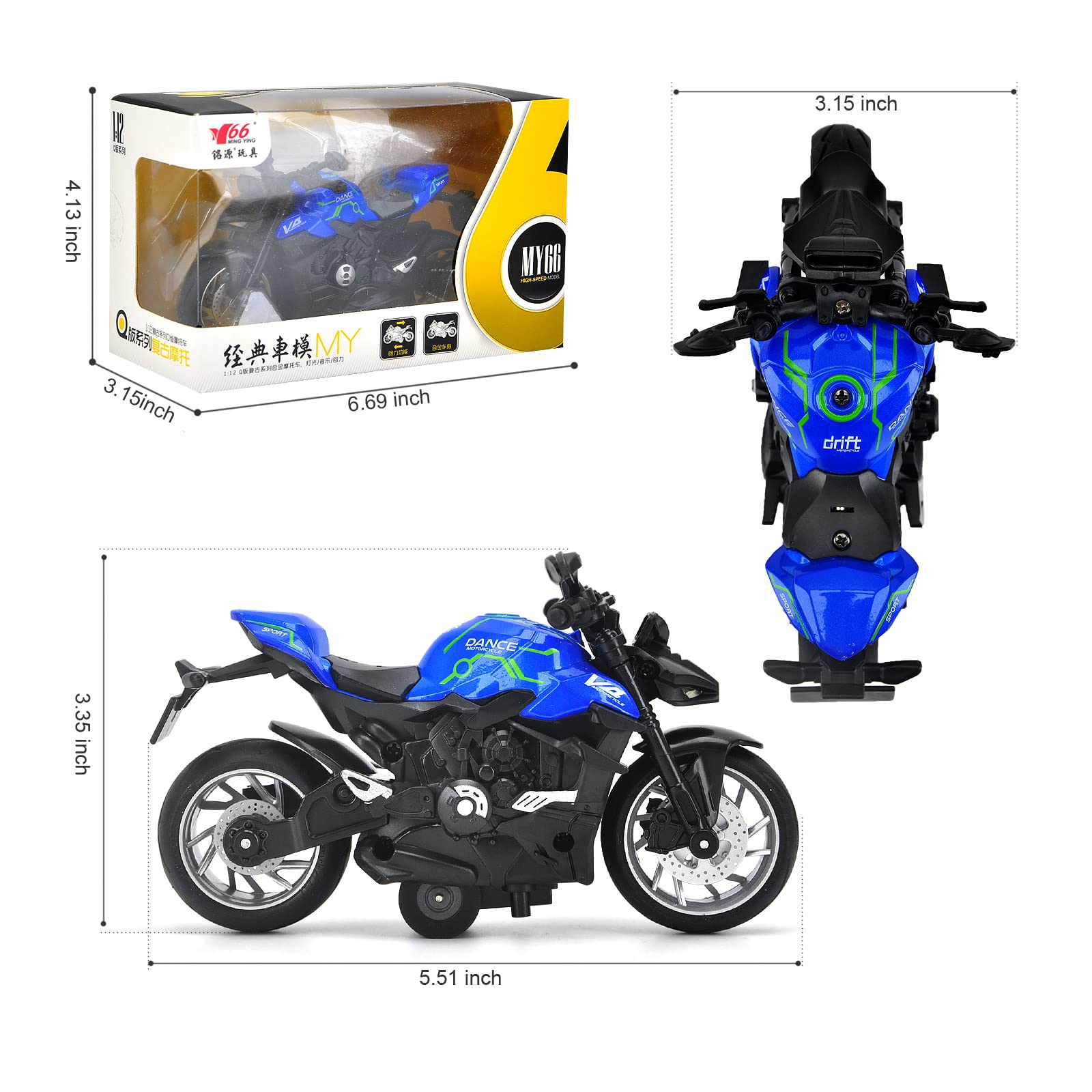 CYYSFIVQZ Pull Back Motorcycle Toys, Motorcycle Model with Light and Music, Toy Motorcycles for Boys Kids Age 3+ Year Old Christmas Party Supplies (Blue)