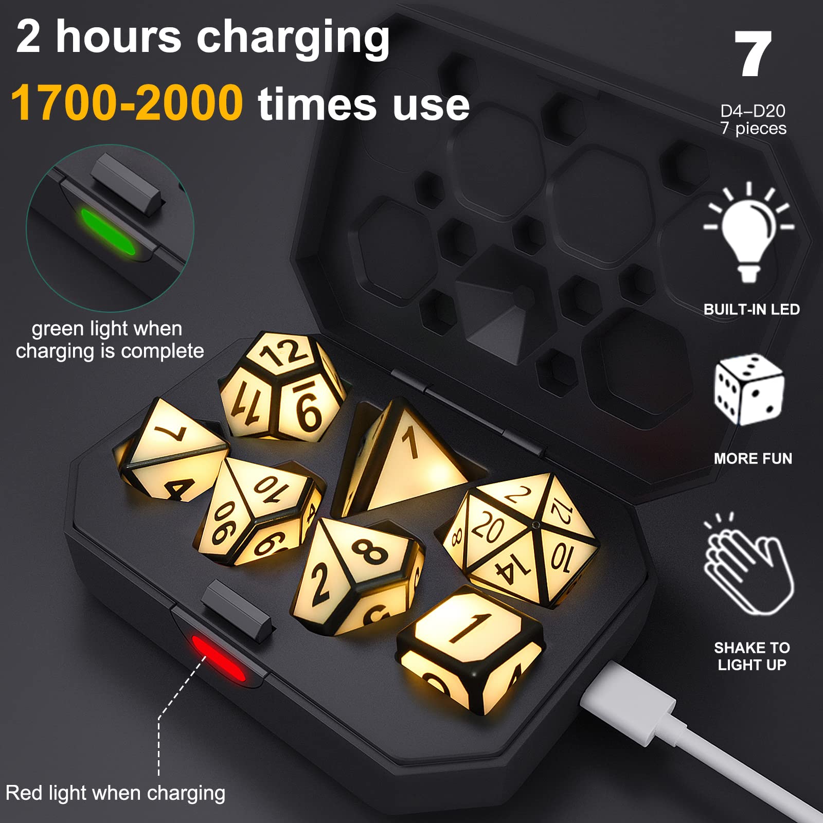 Light Up DND Dice, USB Rechargeable Electric Dice with Charging Box, 7 Pcs Glowing Polyhedral Dice Set, Shake to LED D&D Dice Set for Dungeons and Dragons RPG Role Playing Table Games