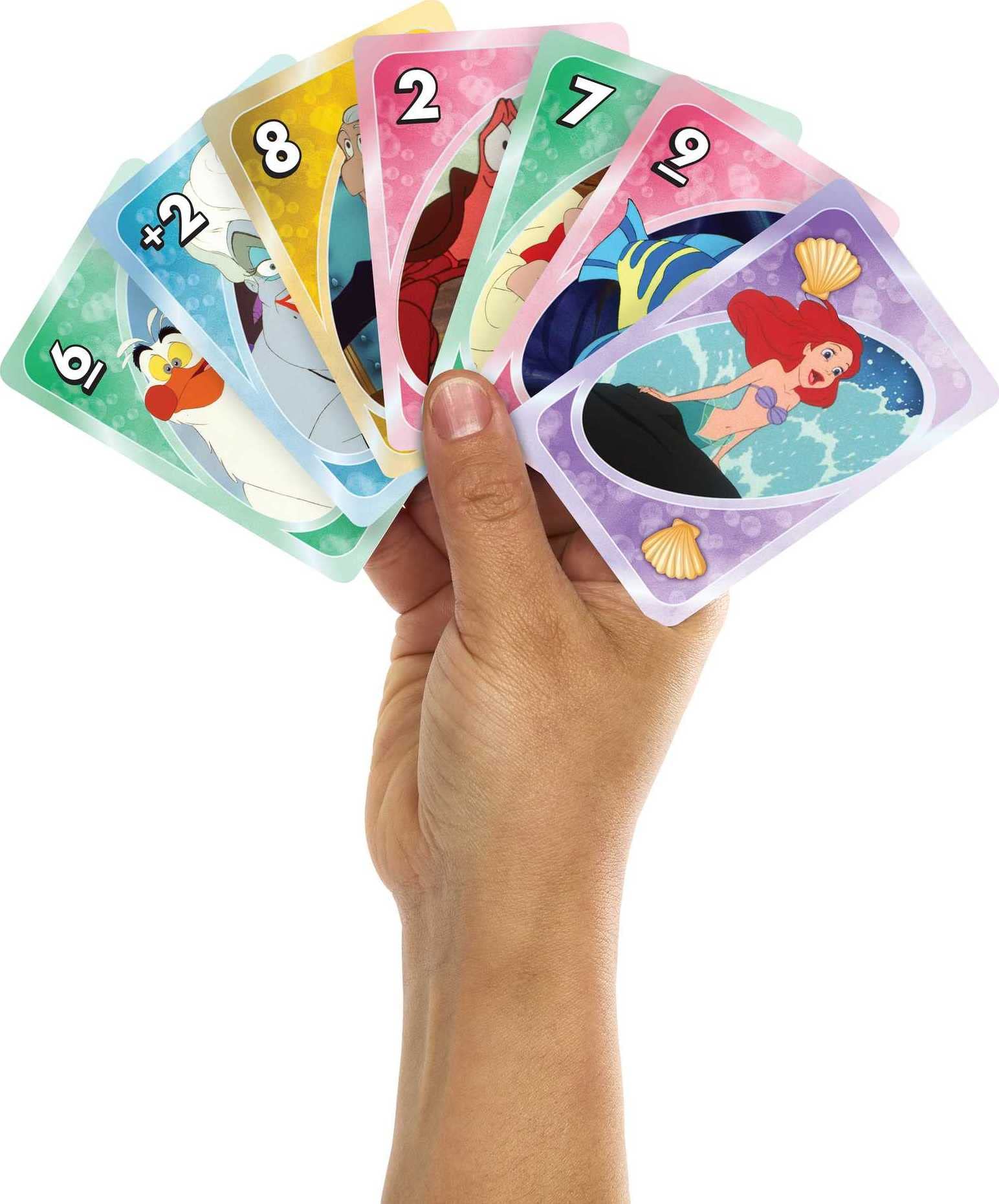 Mattel Games UNO Disney Princess The Little Mermaid Card Game for Family Night Featuring Movie Themed Graphics for 2-10 Players