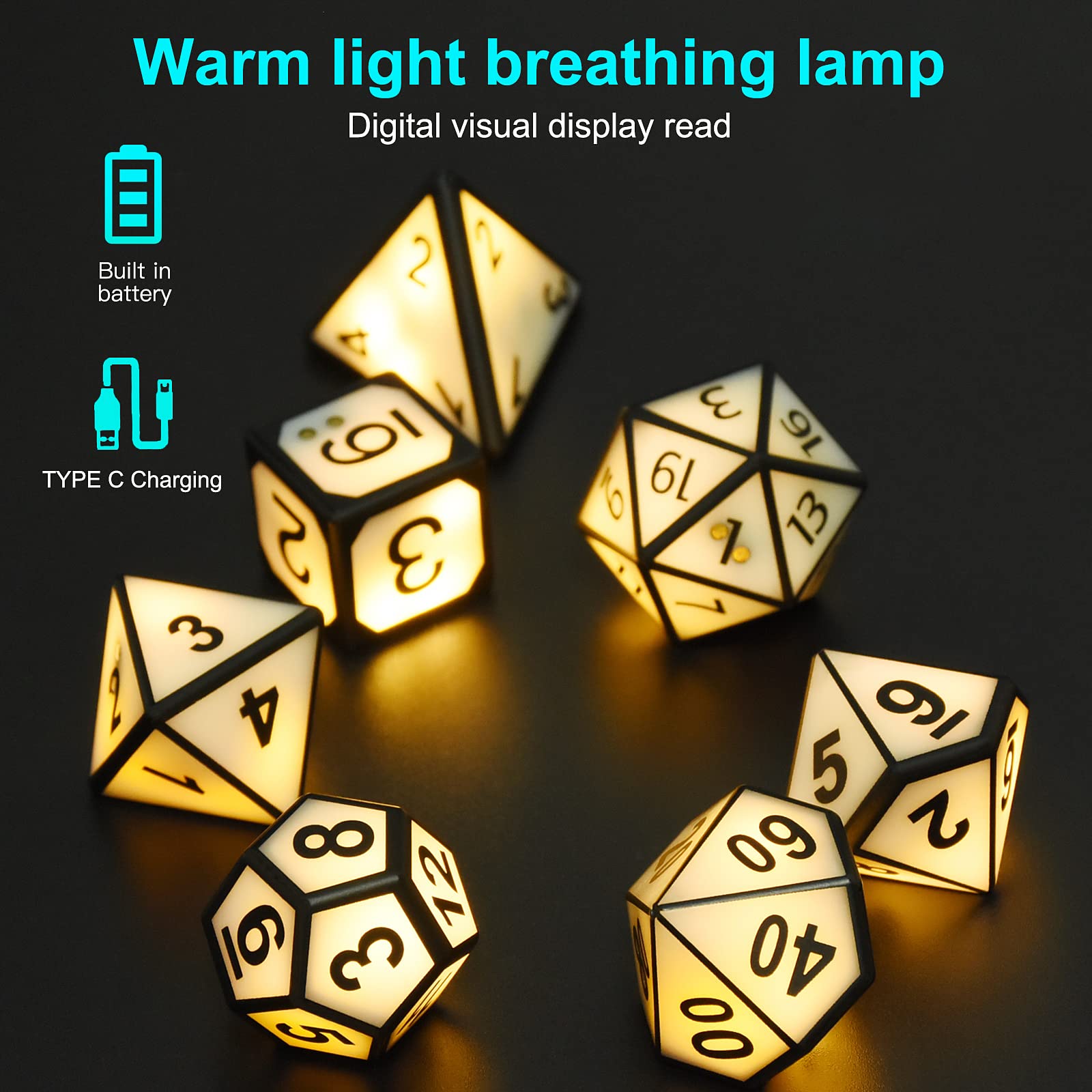 HTPOW Light Up DND Dice Set of 7 USB Rechargeable Role Playing Dice with Charging Box, Shake to Light up LED Dice for Dungeons and Dragons Role Playing Tabletop Games