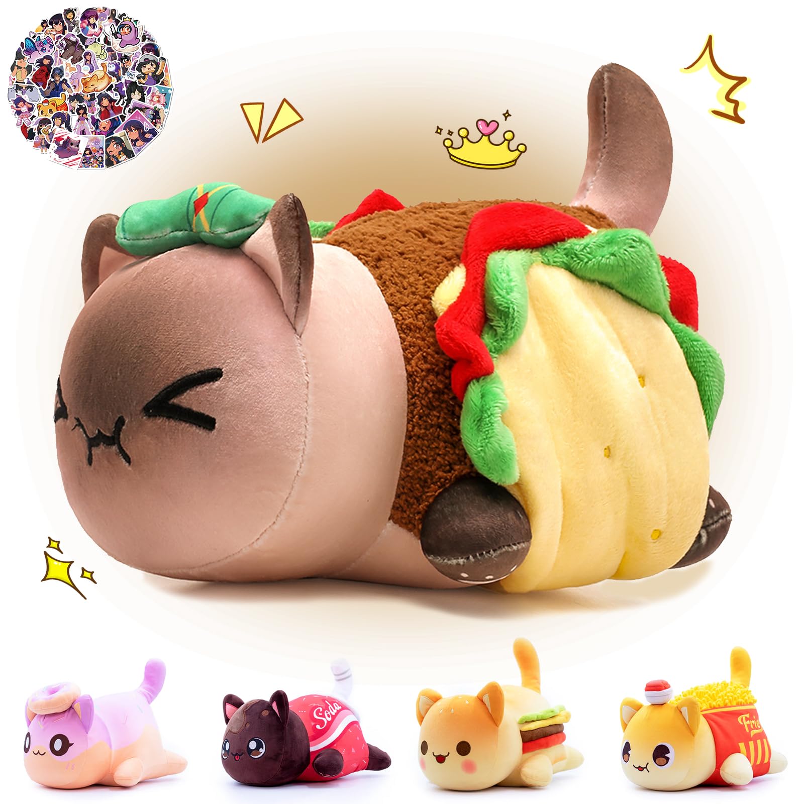 KOWSI 61PCS 11inches Taco Cat Plush + 60Sticker Meemeows Cute Food Cat Plush Collection 100% Polyester Plushie Pillow Embroidered Soft Stuffed Animal Collectible (Taco Cat)