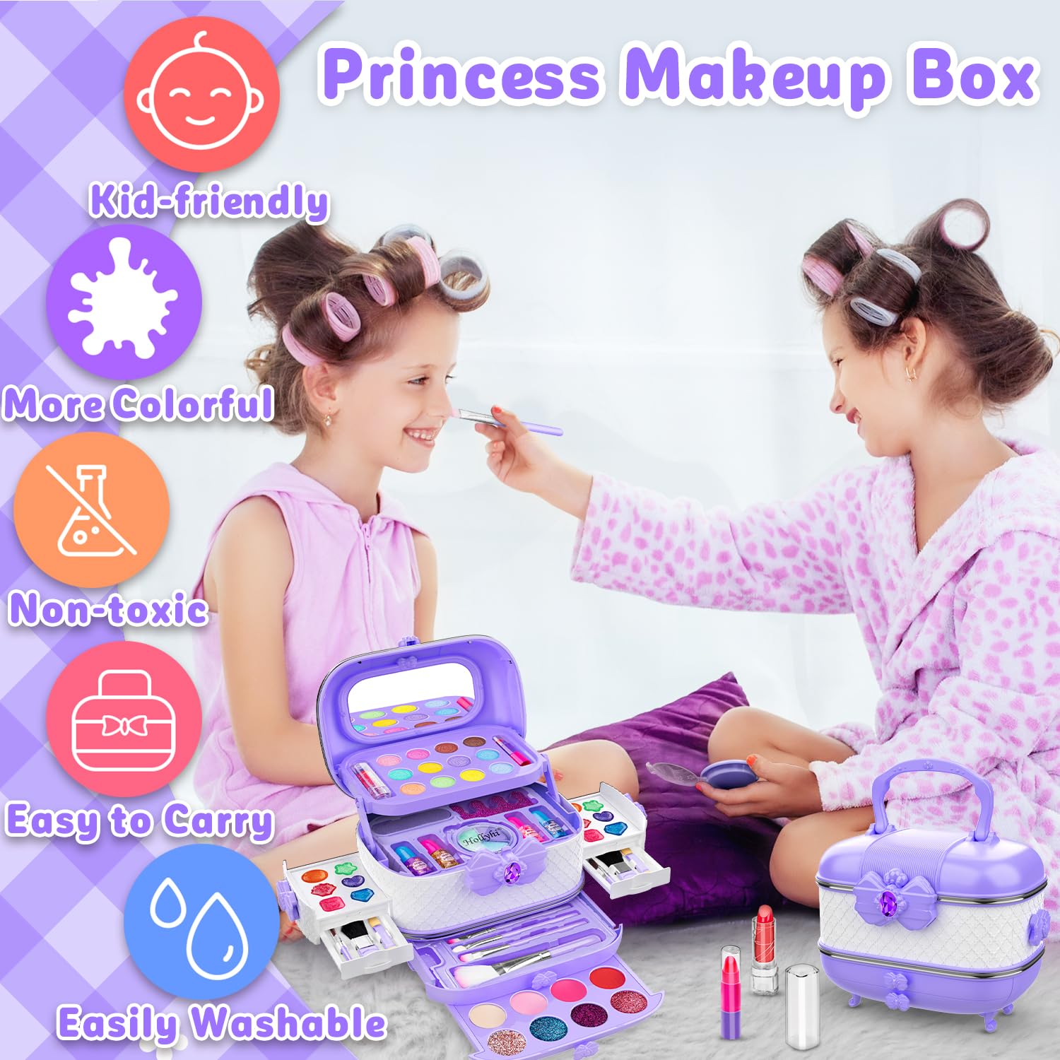 Hollyhi 58 Pcs Kids Makeup Kit for Girl, Princess Toys Real Washable Cosmetic Set with Mirror, Kids Makeup Sets for Girls, Play Make Up Birthday Gifts for 3 4 5 6 7 8 9 10 11 12 Years Old Kid(Purple)