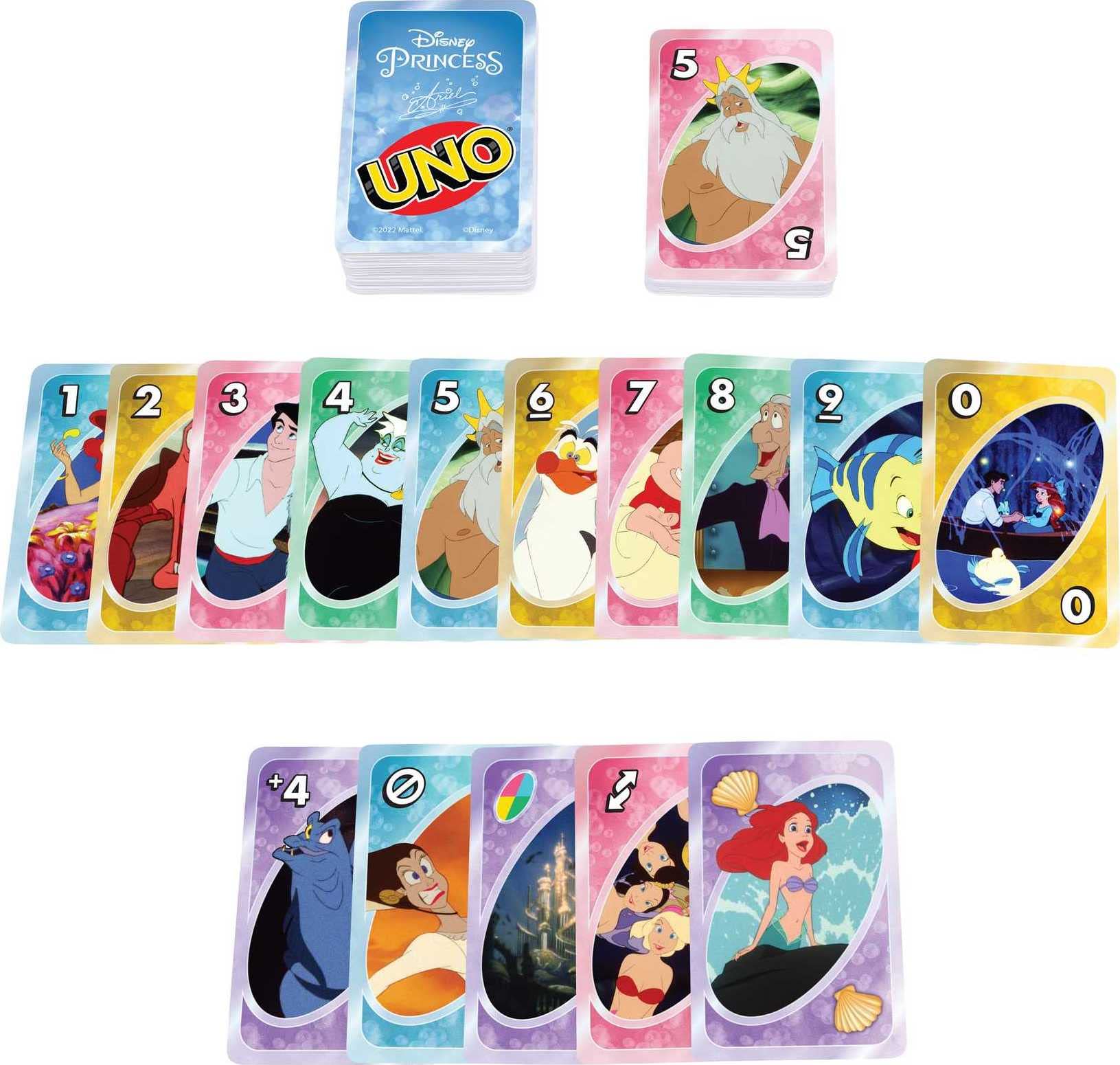 Mattel Games UNO Disney Princess The Little Mermaid Card Game for Family Night Featuring Movie Themed Graphics for 2-10 Players