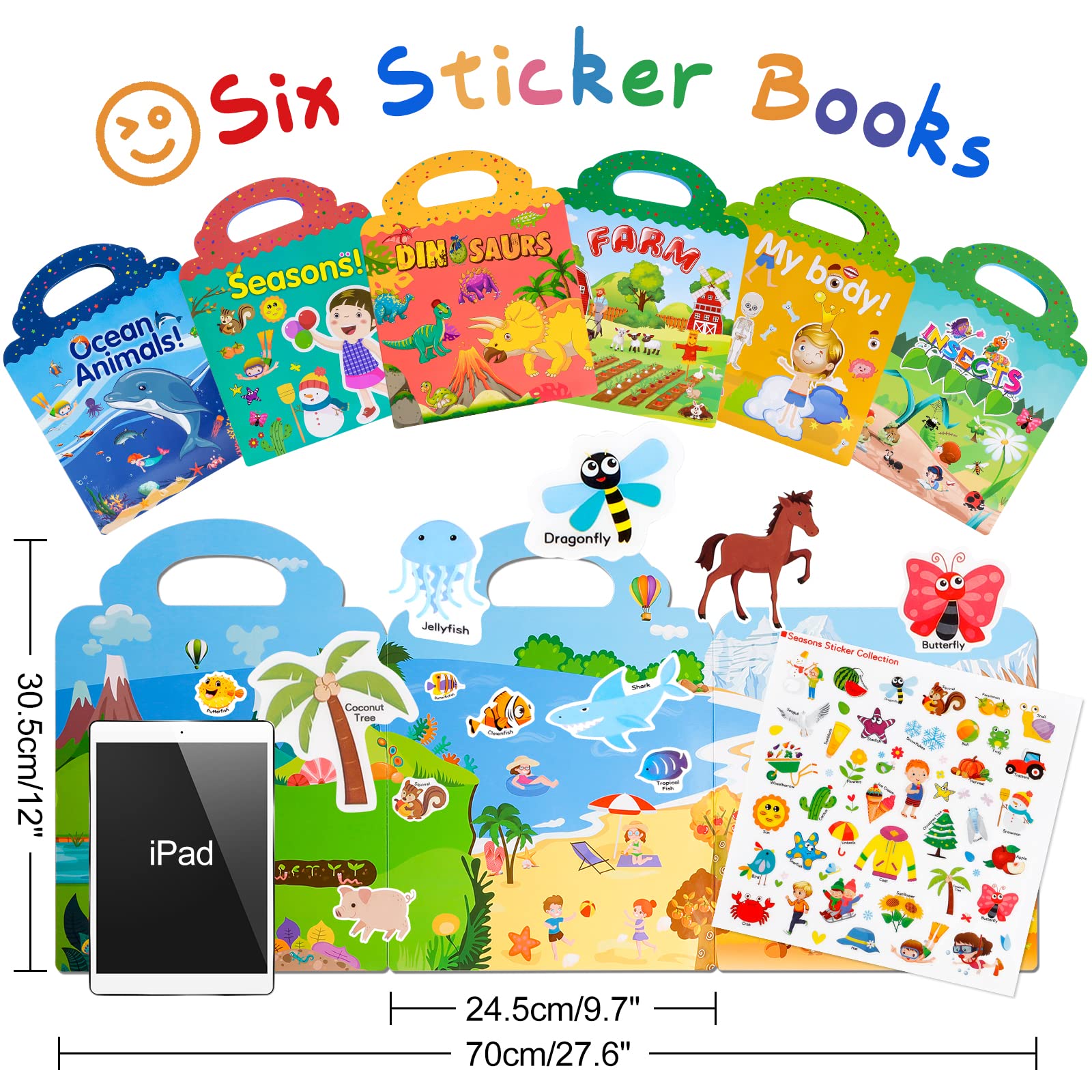 Reusable Sticker Book for Kids 2-4: 6 Set Preschool Learning Activities Quiet Busy Book for Toddler Travel Toys Sticker Book Include Ocean, My Body, Farm, Insect, Season, Dinosaur Educational Gifts