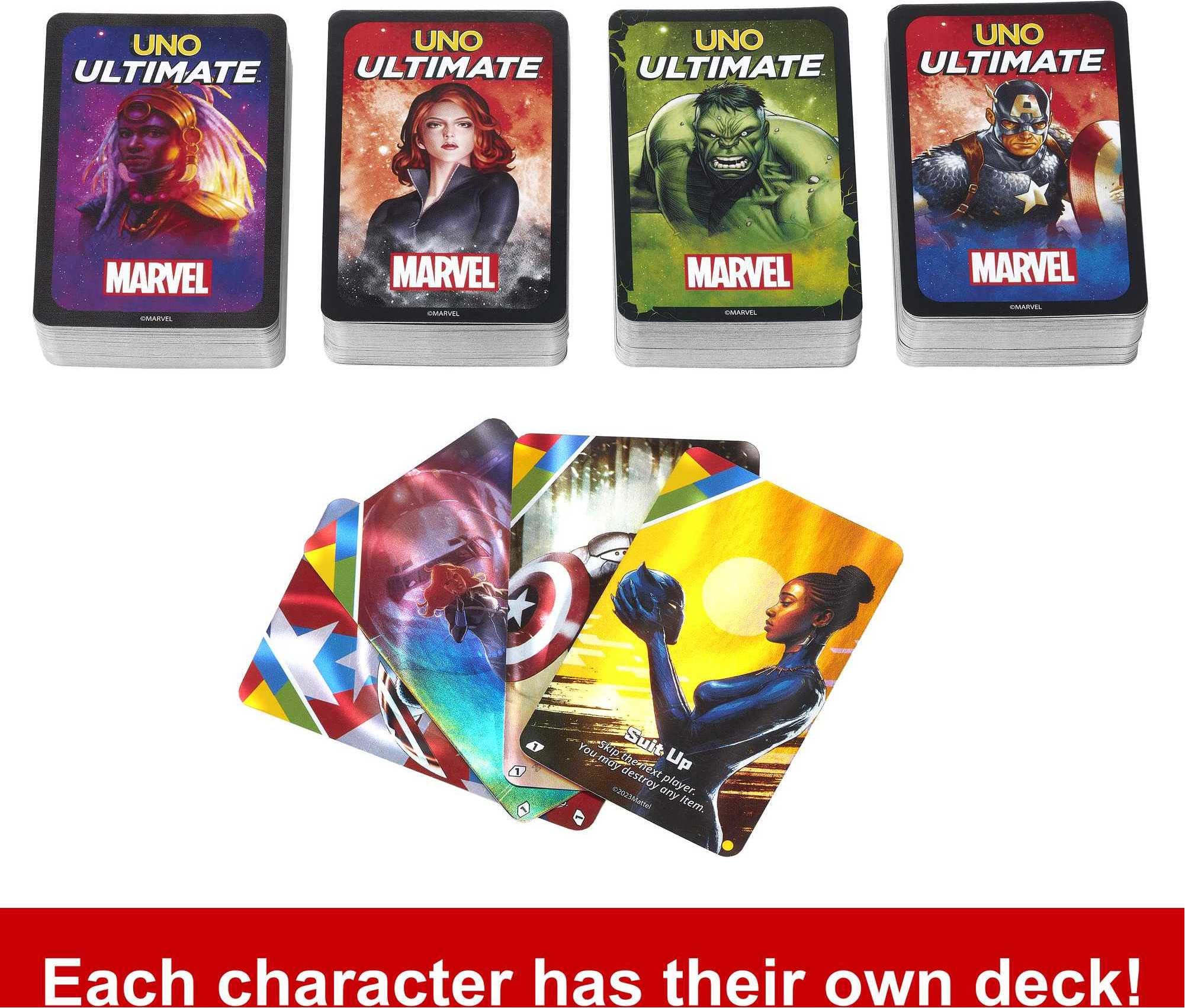 Mattel Games UNO Ultimate Marvel Card Game with 4 Character Decks, 4 Collectible Foil Cards & Special Rules, 2-4 Players, 2nd Edition