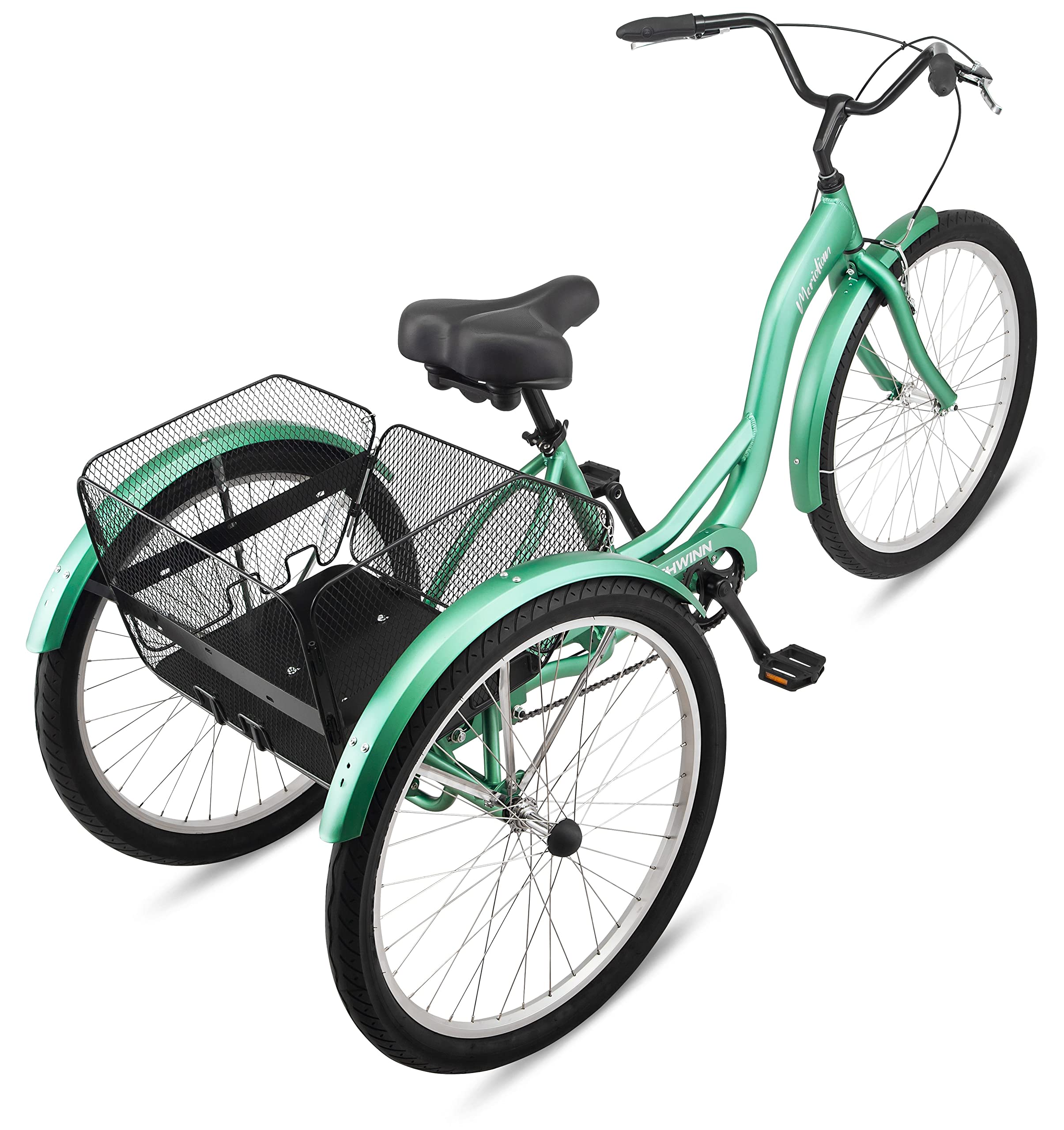 Schwinn Meridian Adult Tricycle Bike, Mens and Womens Three Wheel Beach Cruiser, 26-Inch Wheels, Low Step-Through Frame, Wide Seat, Rear Folding Basket, Single-Speed, Green