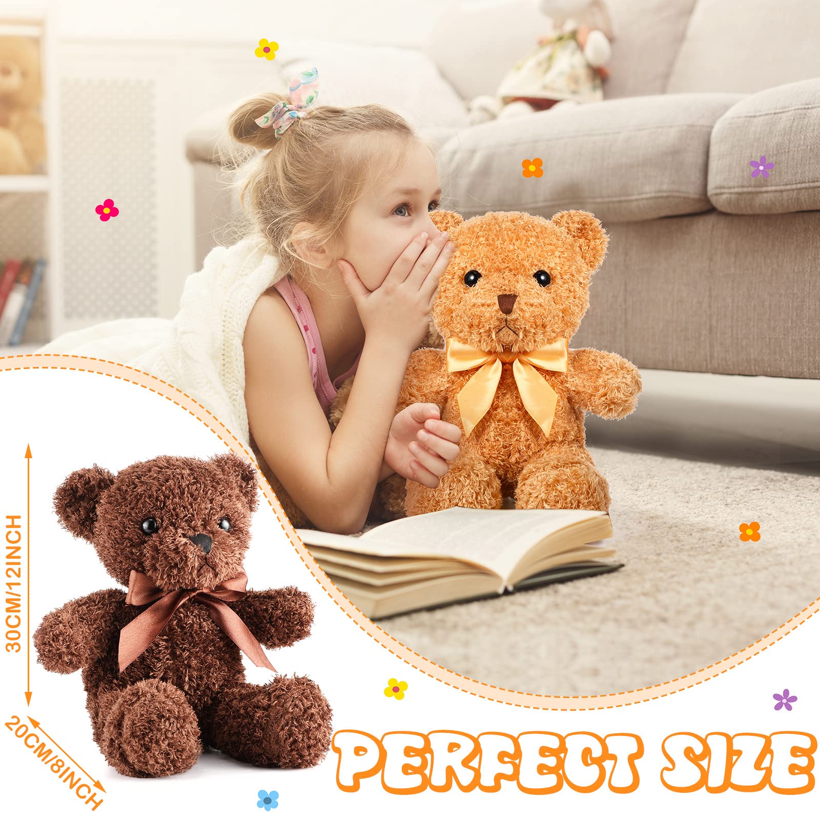 5 Pcs Bears Stuffed Animal Soft Plush Toys 12 Inches Cute Bear Small Shaggy Bear with Hoodie Bow Tie for Kids Boys Girls Baby Shower Birthday Party (Light Brown, Dark Brown, Bow Tie Style)