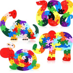 4 Pcs Alphabet Jigsaw Puzzle Building Blocks Animal Wooden Puzzle Wooden Alphabet Puzzle Snake Elephant Dinosaur Snail Blocks Toys ABC Alphabet Animal Puzzle for Preschool Learning