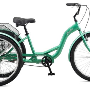 Schwinn Meridian Adult Tricycle Bike, Mens and Womens Three Wheel Beach Cruiser, 26-Inch Wheels, Low Step-Through Frame, Wide Seat, Rear Folding Basket, Single-Speed, Green