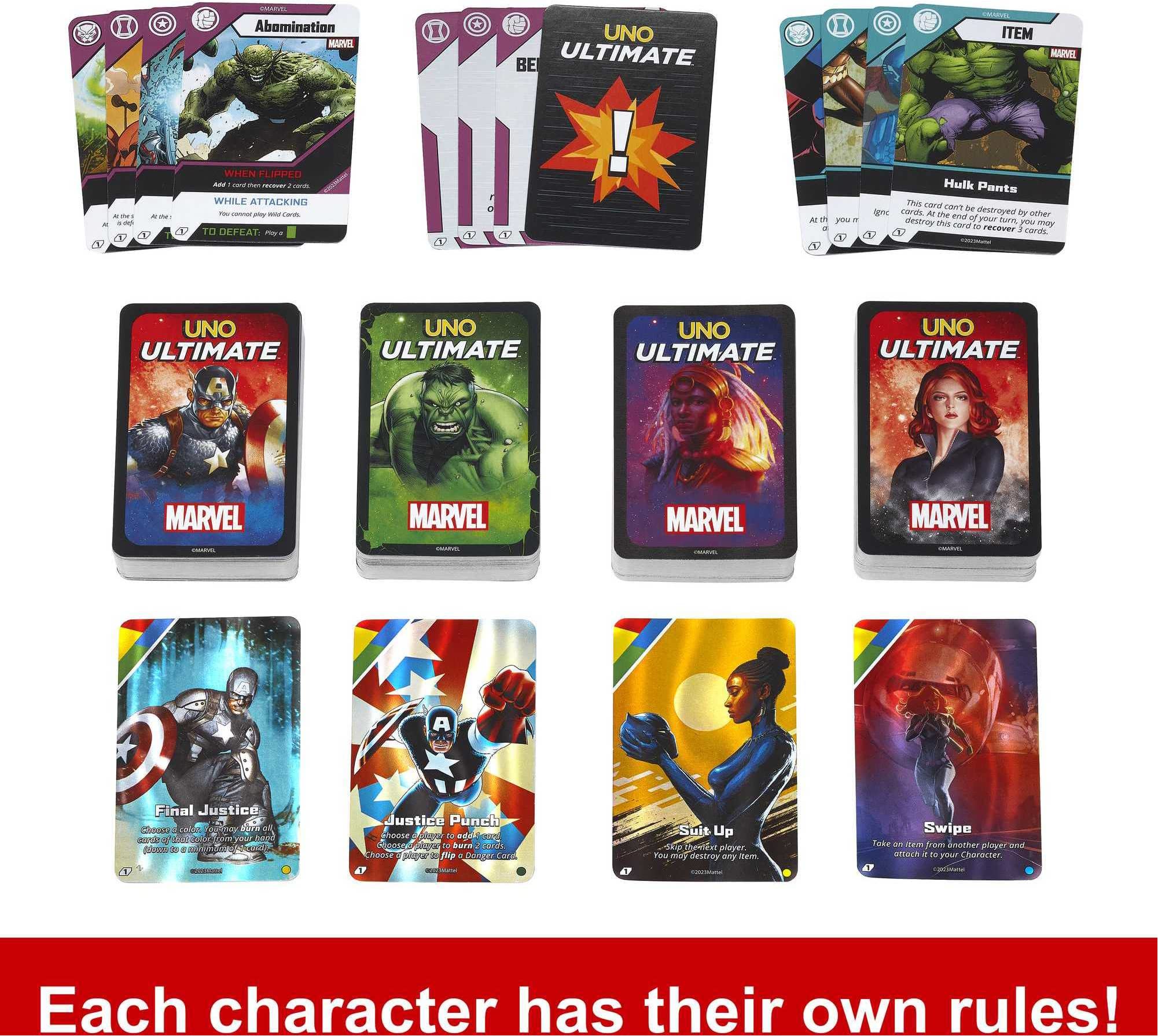 Mattel Games UNO Ultimate Marvel Card Game with 4 Character Decks, 4 Collectible Foil Cards & Special Rules, 2-4 Players, 2nd Edition