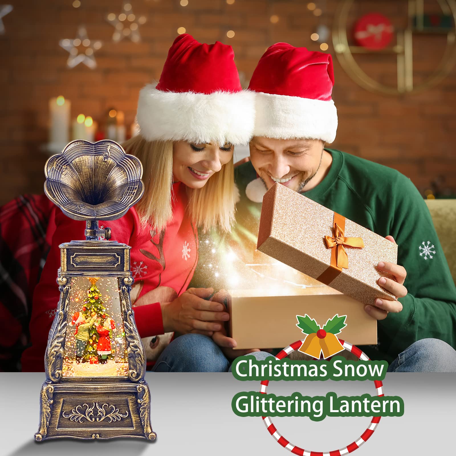 Christmas Snow Globes Musical Snow Globe Water Lantern Swirling Glitter Phonograph with Christmas Tree Kids Snow Globe Lantern Lighted 6H Timer USB Battery Operated Snowglobe Home Christmas Decoration