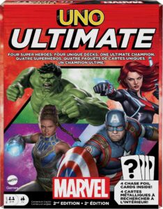 mattel games uno ultimate marvel card game with 4 character decks, 4 collectible foil cards & special rules, 2-4 players, 2nd edition