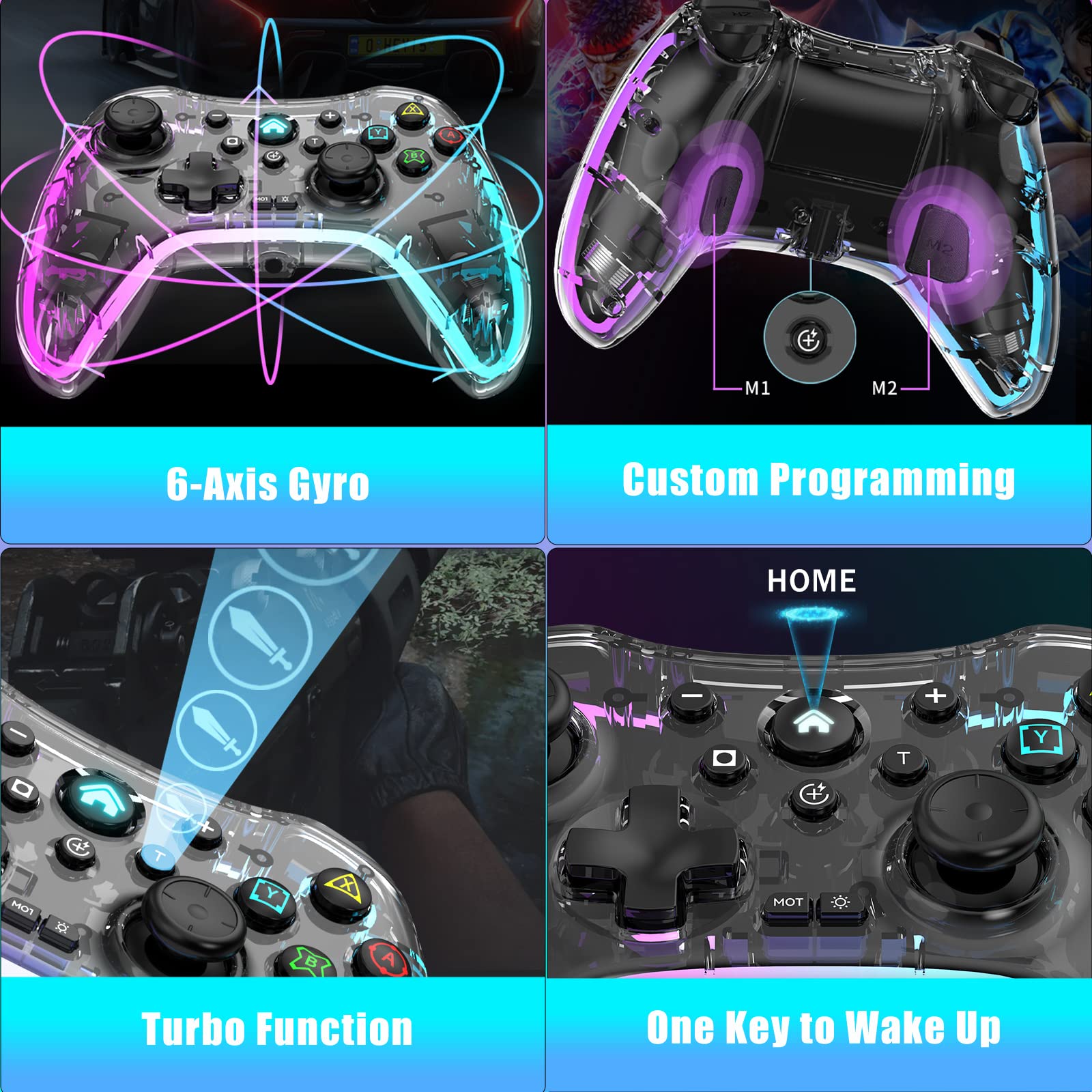 Joso Mobile Gaming Controller for iPhone/Android/PC/PS4 with RGB, Wireless Switch Controller with 6-Axis Gyro/Dual Vibration/Customized Buttons/Turbo, Transparent Mobile Gamepad with Phone Holder