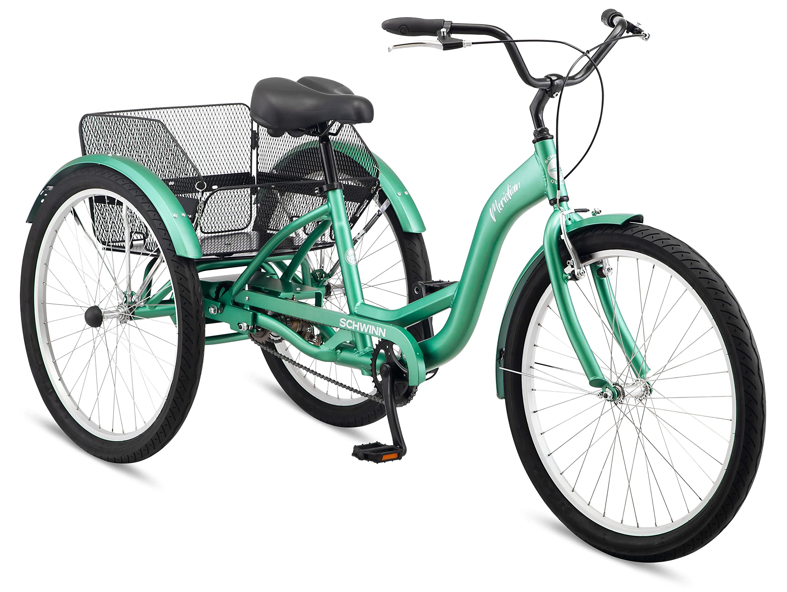 Schwinn Meridian Adult Tricycle Bike, Mens and Womens Three Wheel Beach Cruiser, 26-Inch Wheels, Low Step-Through Frame, Wide Seat, Rear Folding Basket, Single-Speed, Green