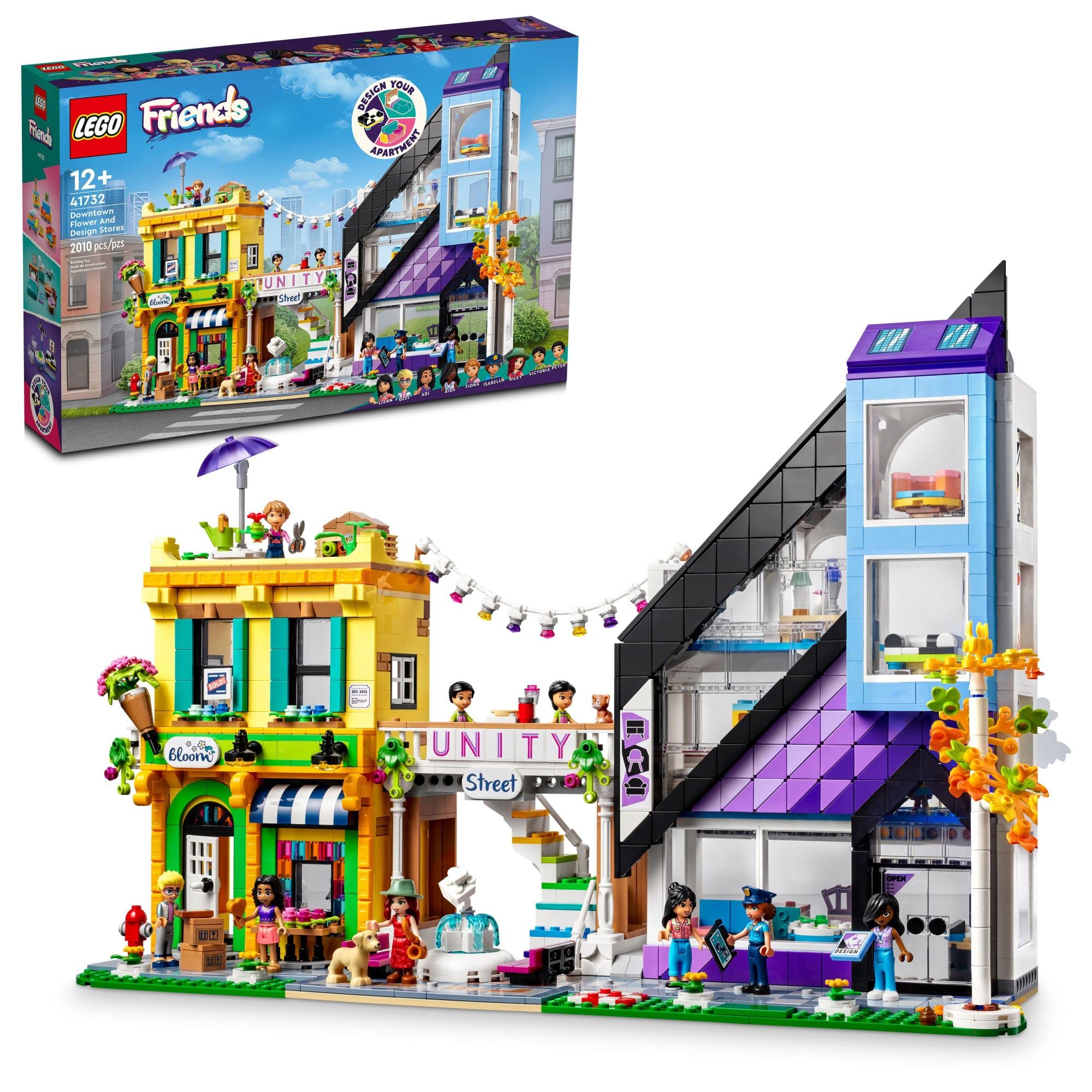 LEGO Friends Downtown Flower and Design Stores 41732 Building Set - Buildable Toy with Apartment, Shops, House, and Classic Characters, Model to Customize, Decorate, and Display for Ages 12+