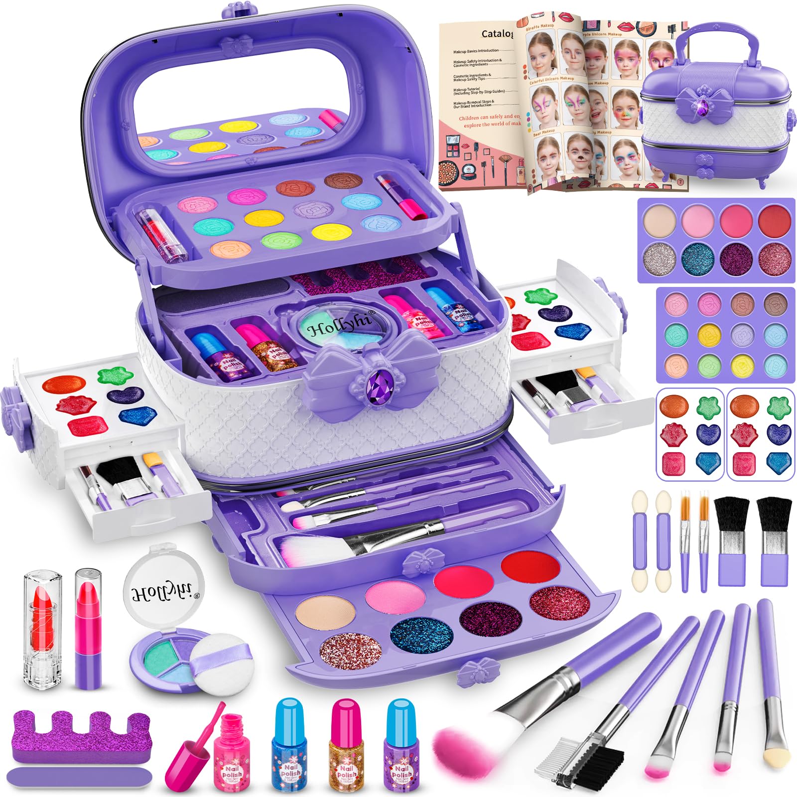 Hollyhi 58 Pcs Kids Makeup Kit for Girl, Princess Toys Real Washable Cosmetic Set with Mirror, Kids Makeup Sets for Girls, Play Make Up Birthday Gifts for 3 4 5 6 7 8 9 10 11 12 Years Old Kid(Purple)