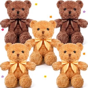 5 pcs bears stuffed animal soft plush toys 12 inches cute bear small shaggy bear with hoodie bow tie for kids boys girls baby shower birthday party (light brown, dark brown, bow tie style)